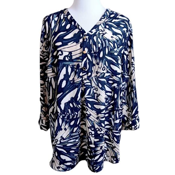 JM COLLECTION Blouse Top Petite XL 3/4 Sleeves‎ Career Office Flowy V-Neck Blue - Picture 3 of 9